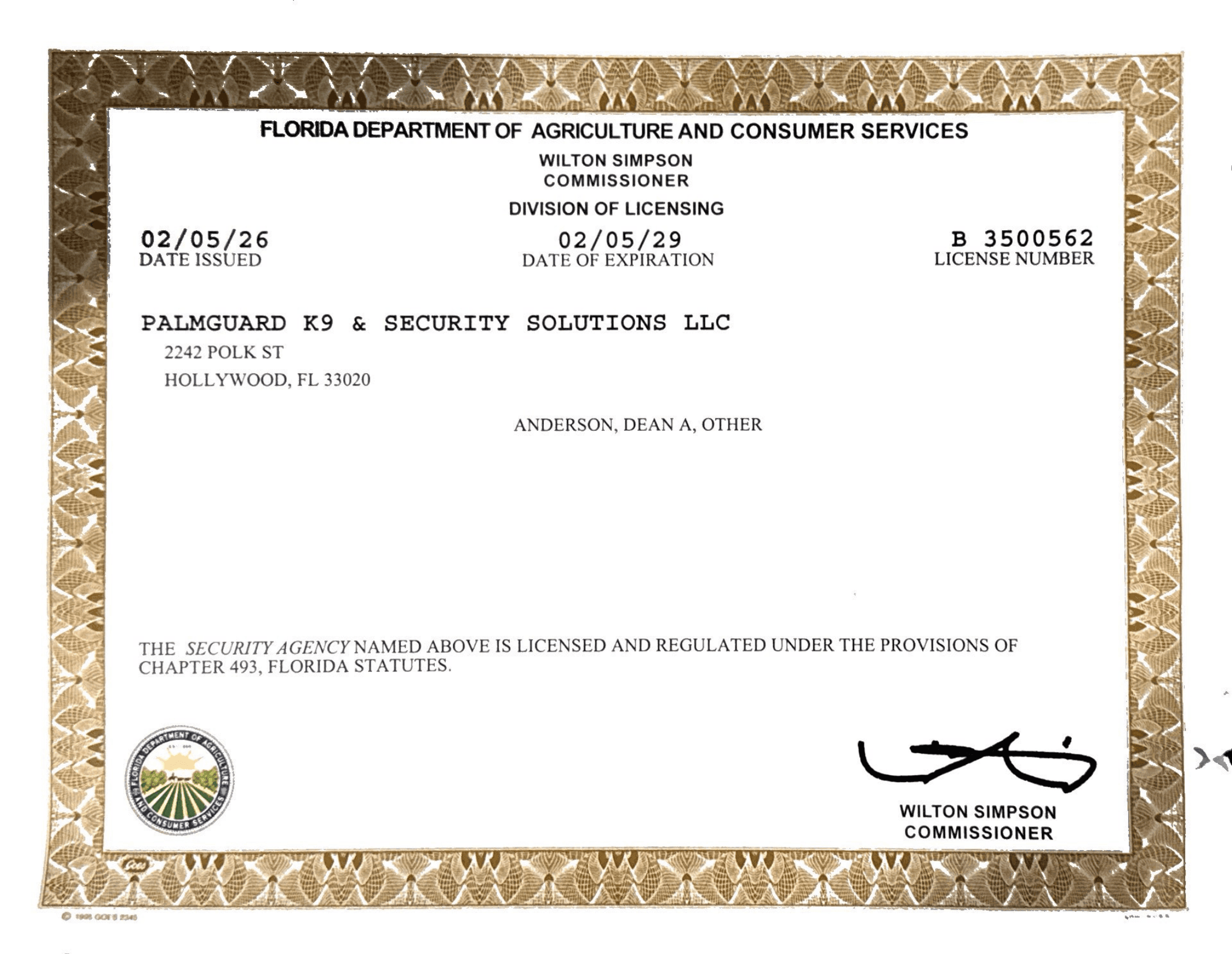 Palmguard K9 & Security Solutions LLC — State of Florida security agency license (License #B 3500562)